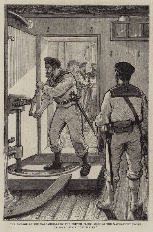 Die Passage der Dardanellen durch die britische Flotte, Schließen der wasserdichten Türen an Bord der HMS Temeraire von Joseph Nash