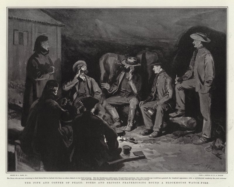 Die Pfeife und der Kaffee des Friedens, Buren und Briten verbrüdern sich um ein Blockhaus-Wachfeuer von Joseph Nash