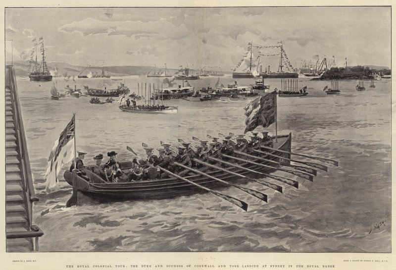 Die königliche Kolonialtour, der Herzog und die Herzogin von Cornwall und York landen in Sydney in der königlichen Barke von Joseph Nash