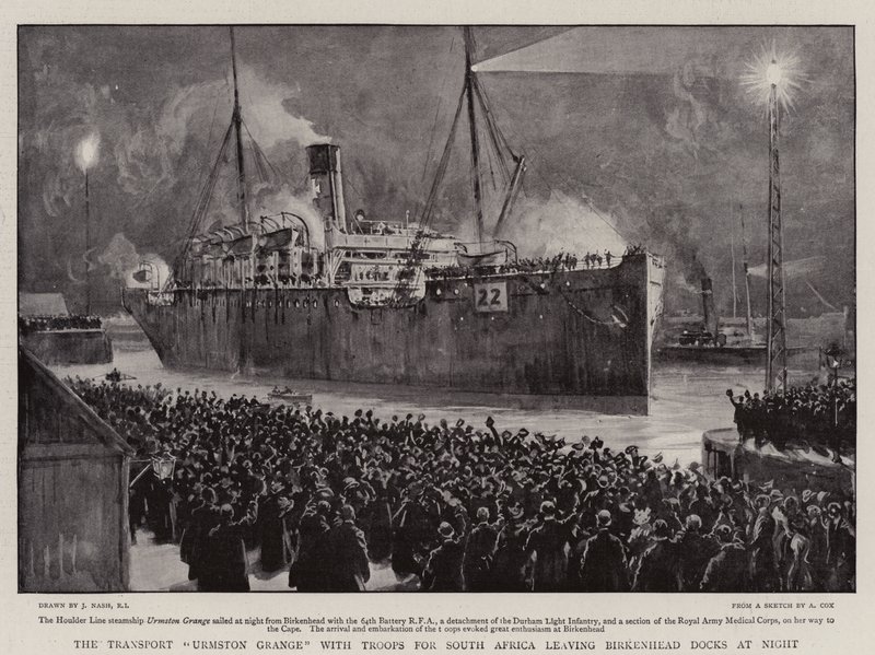 Der Transport Urmston Grange mit Truppen für Südafrika verlässt die Docks von Birkenhead bei Nacht von Joseph Nash