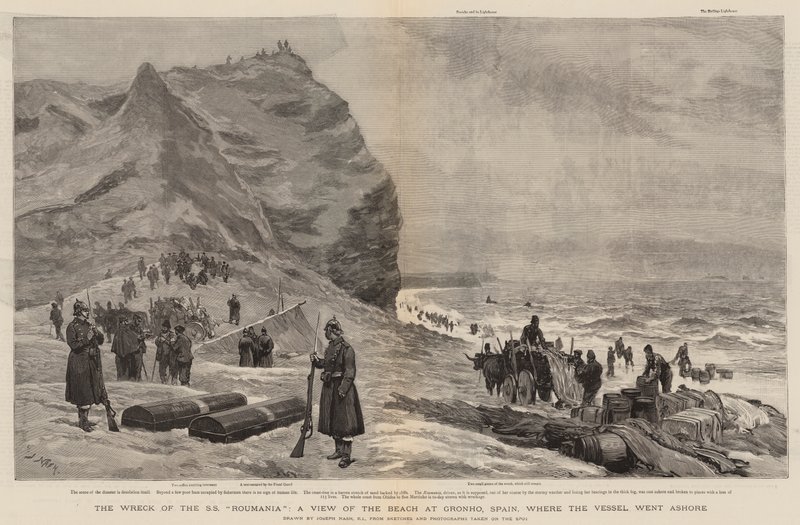 Das Wrack der SS Roumania, ein Blick auf den Strand von Gronho, Spanien, wo das Schiff gestrandet ist von Joseph Nash