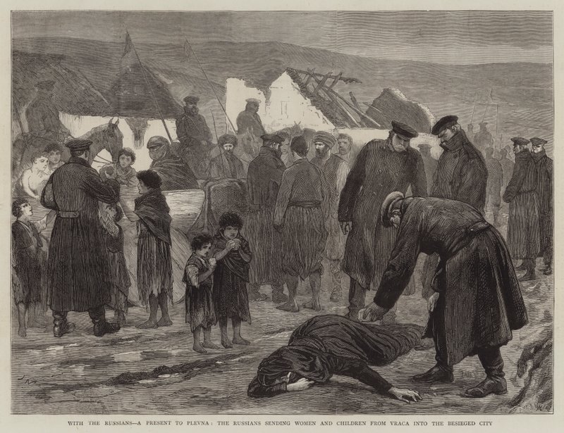 Mit den Russen, ein Geschenk an Plewna, die Russen schicken Frauen und Kinder aus Vraca in die belagerte Stadt von Joseph Nash