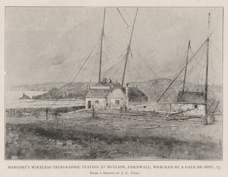 Marconis drahtlose Telegrafenstation in Mullion, Cornwall, durch einen Sturm am 17. September zerstört von Joseph Holland Tringham