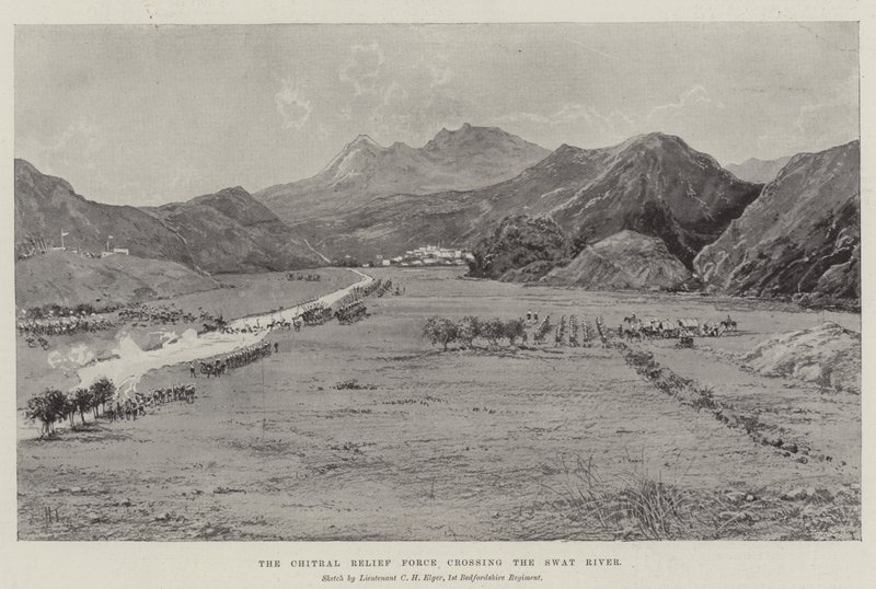 Die Chitral-Entsatztruppe überquert den Swat-Fluss von Joseph Holland Tringham
