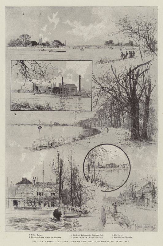 Das kommende Universitäts-Bootrennen, Skizzen entlang der Strecke von Putney nach Mortlake von Joseph Holland Tringham