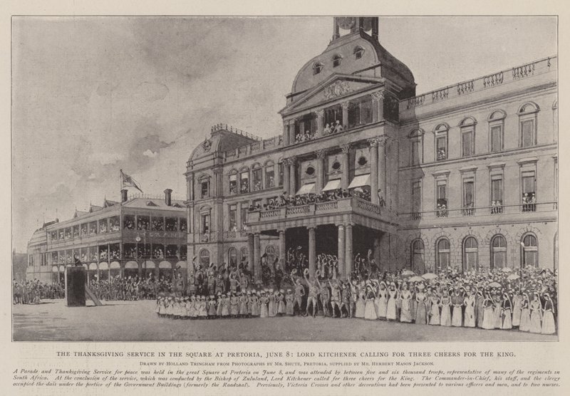 Der Dankgottesdienst auf dem Platz in Pretoria, 8. Juni, Lord Kitchener ruft zu drei Hurrahs für den König auf von Joseph Holland Tringham
