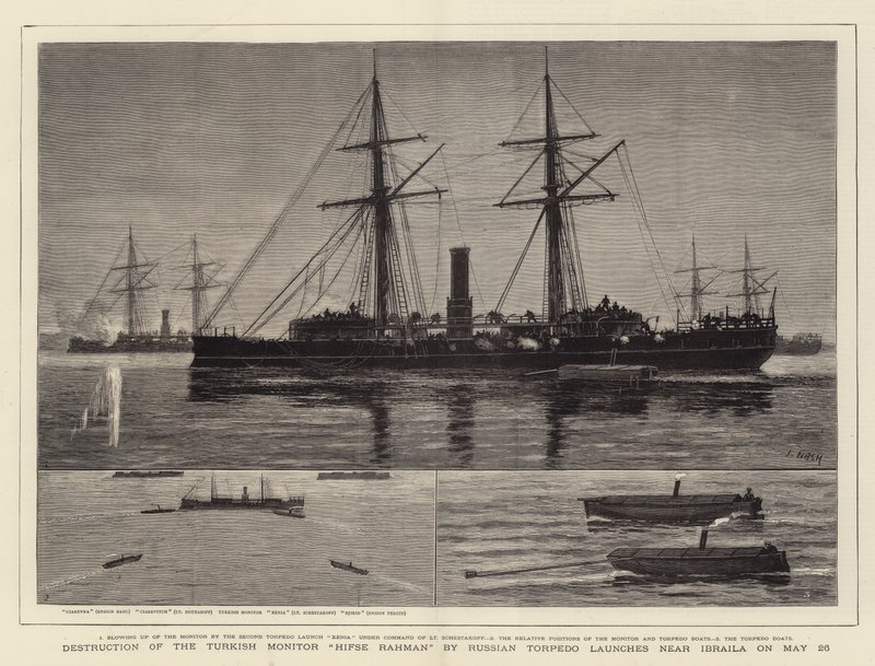 Zerstörung des türkischen Monitors Hifse Rahman durch russische Torpedoboote in der Nähe von Ibraila am 26. Mai von Joseph Nash