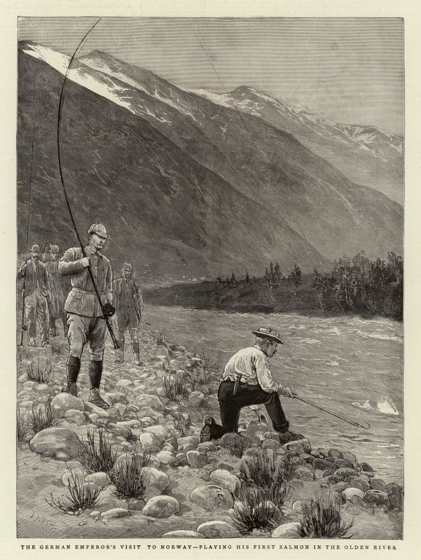 Der Besuch des deutschen Kaisers in Norwegen, sein erster Lachs im Oldenfluss von Joseph Nash