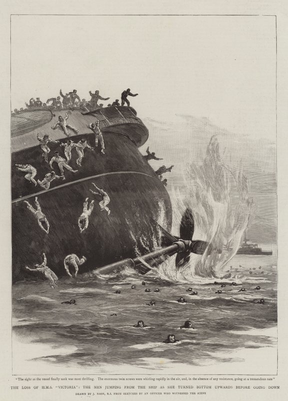 Der Verlust der HMS Victoria, die Männer springen vom Schiff, als es sich umdreht, bevor es untergeht von Joseph Nash