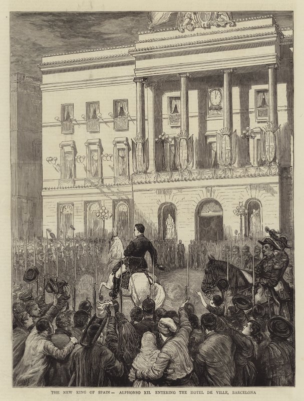 Der neue König von Spanien, Alphonso XII, betritt das Rathaus, Barcelona von Joseph Nash