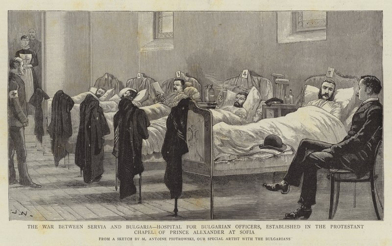 Der Krieg zwischen Serbien und Bulgarien, Krankenhaus für bulgarische Offiziere, eingerichtet in der protestantischen Kapelle von Prinz Alexander in Sofia von Joseph Nash