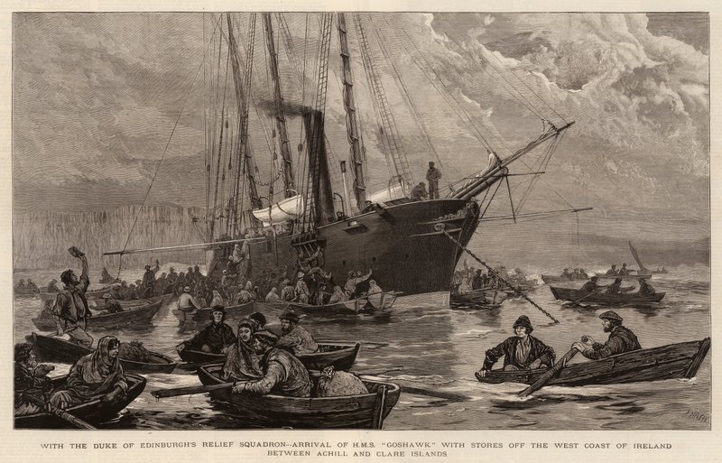Mit dem Entlastungsgeschwader des Herzogs von Edinburgh, Ankunft der HMS Goshawk mit Vorräten vor der Westküste Irlands zwischen Achill und Clare Islands von Joseph Nash