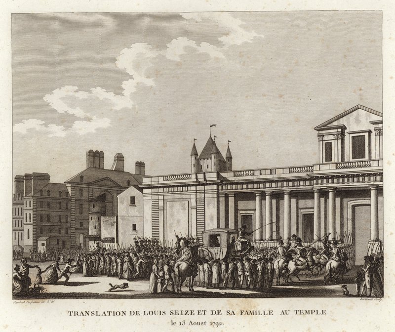 Menschenmengen versammeln sich um die Kutsche, die Louis XVI und seine Familie trägt von Joseph Swebach Desfontaines