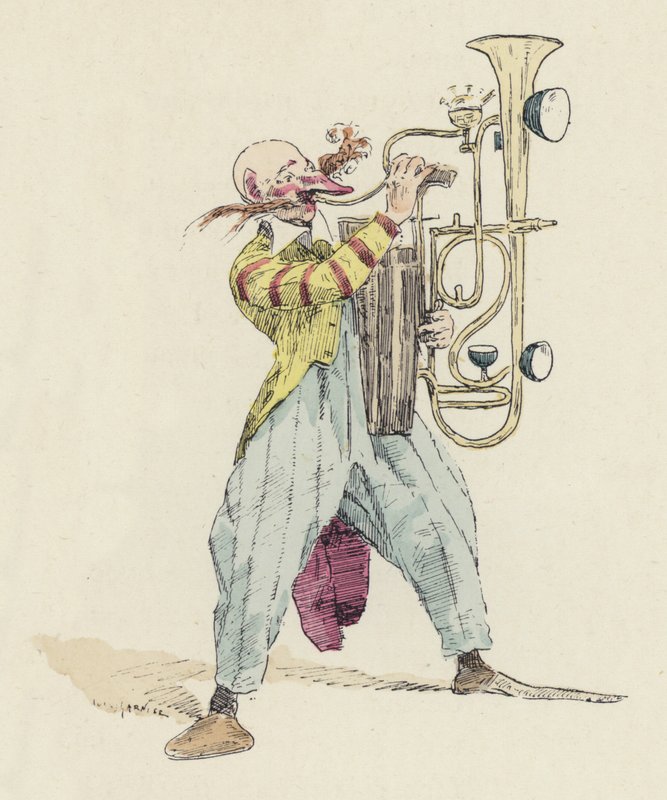 Clown spielt ein ungewöhnliches Musikinstrument von Jules Arsene (after) Garnier