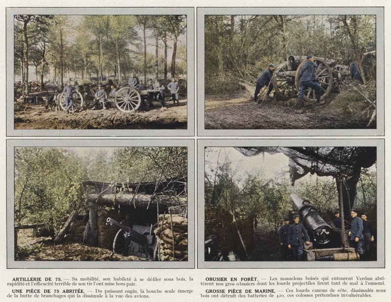 Artillerie de 75, Haubitze im Wald, Ein 75er Geschütz geschützt, Großes Marinegeschütz von Jules Gervais Courtellemont