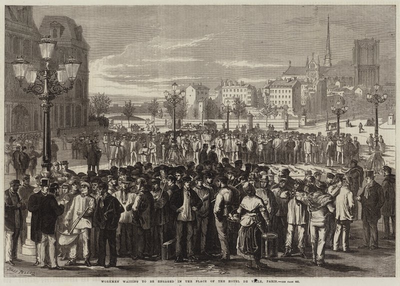 Arbeiter, die darauf warten, auf dem Platz des Hôtel de Ville in Paris engagiert zu werden von Jules Pelcoq