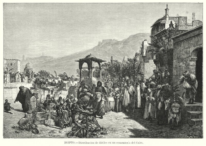 Verteilung von Datteln auf einem Friedhof, Kairo, Ägypten (Lithografie) von Karl Wilhelm Gentz