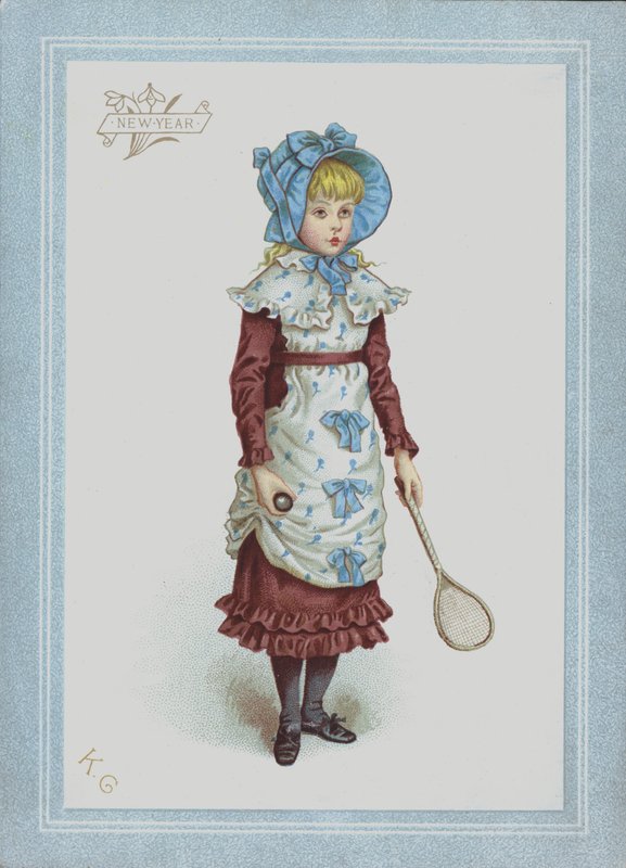 Mädchen im Kleid und mit Haube, hält Federball und Schläger von Kate (after) Greenaway