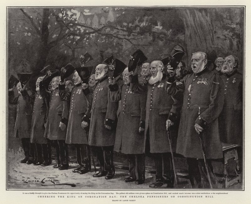 Den König am Krönungstag bejubeln, die Chelsea-Pensionäre auf dem Constitution Hill von Lance Calkin