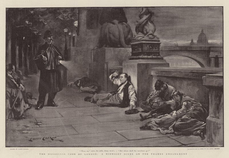 Die Obdachlosen von London, eine Mitternachtsszene am Themseufer von Lance Calkin