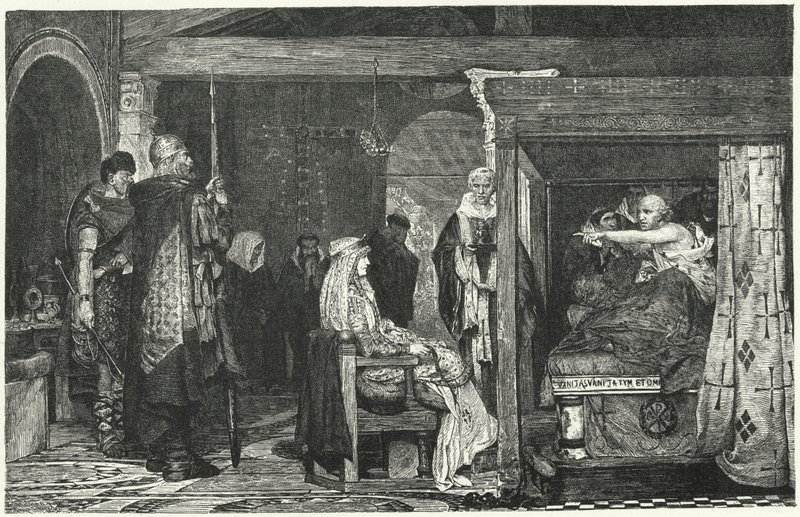 Königin Fredegund am Sterbebett von Bischof Praetextatus, 586 von Lawrence Alma Tadema