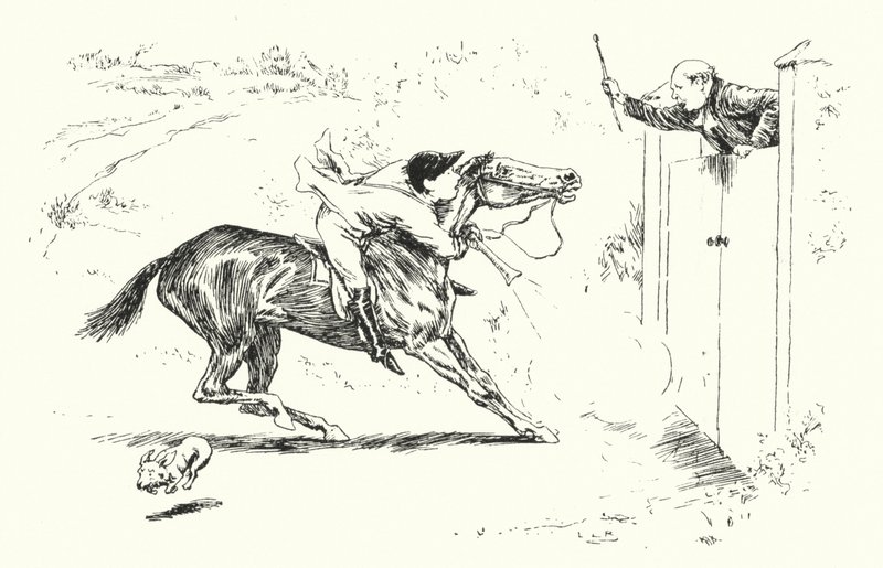 Ein Mann ging in Reigate auf die Jagd und wollte über ein hohes Tor springen (Gravur) von Leonard Leslie Brooke