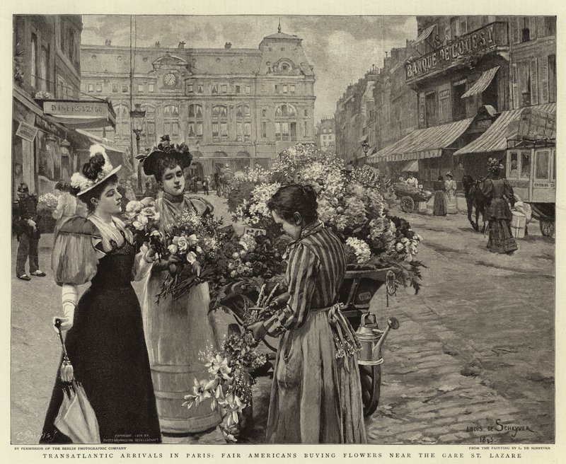 Transatlantische Ankünfte in Paris, Amerikaner kaufen Blumen in der Nähe des Gare St Lazare von Louis de Schryver