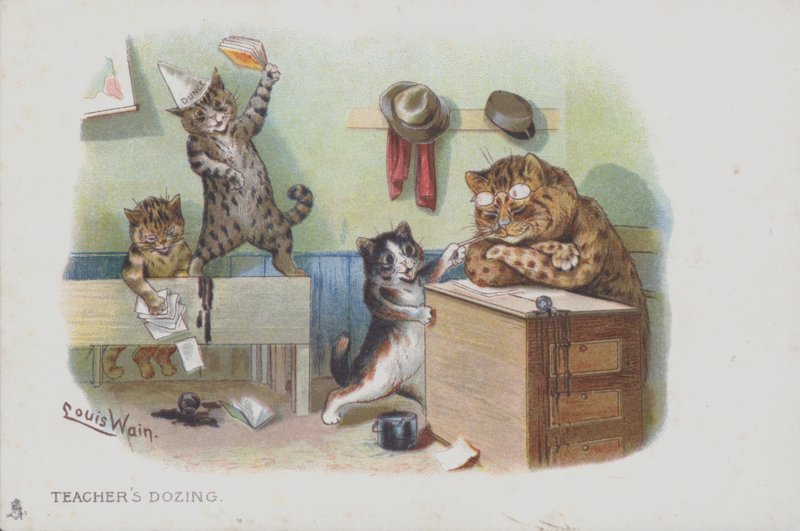 Katzen in einem Klassenzimmer: Der Lehrer döst und die Schüler benehmen sich daneben von Louis (after) Wain