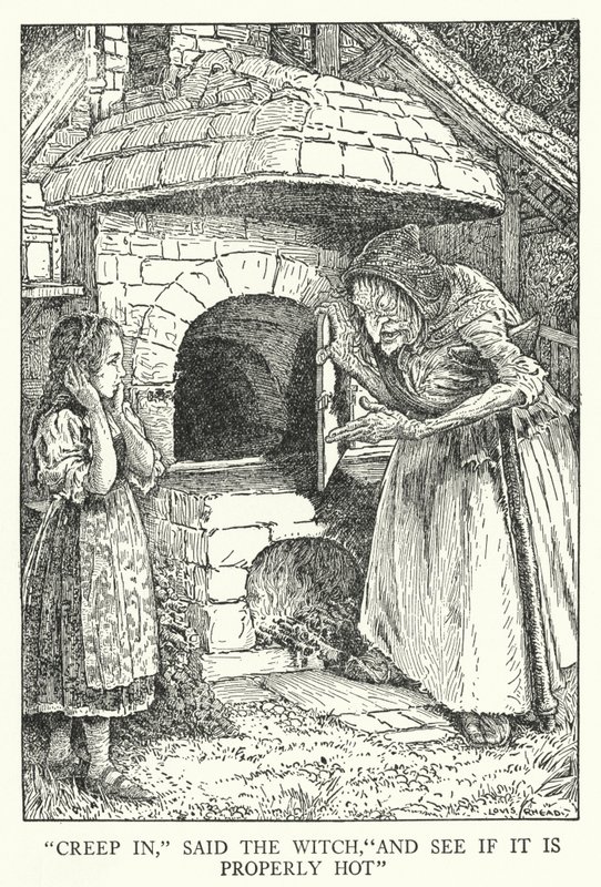 "Kriech hinein," sagte die Hexe, "und sieh nach, ob es richtig heiß ist" von Louis John Rhead