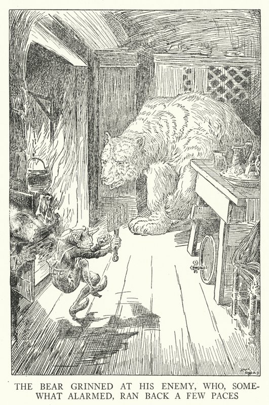 Der Bär grinste seinen Feind an, der etwas erschrocken ein paar Schritte zurückwich (Lithografie) von Louis John Rhead