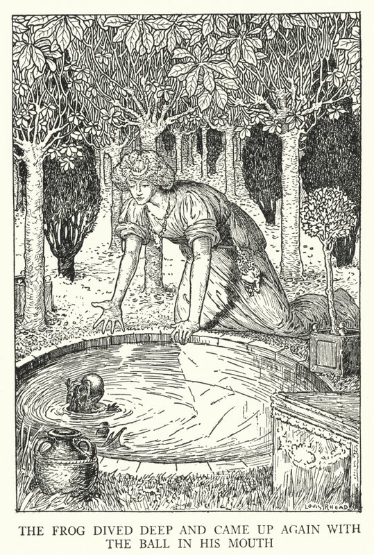 Der Frosch tauchte tief und kam wieder mit dem Ball im Maul (Lithografie) von Louis John Rhead