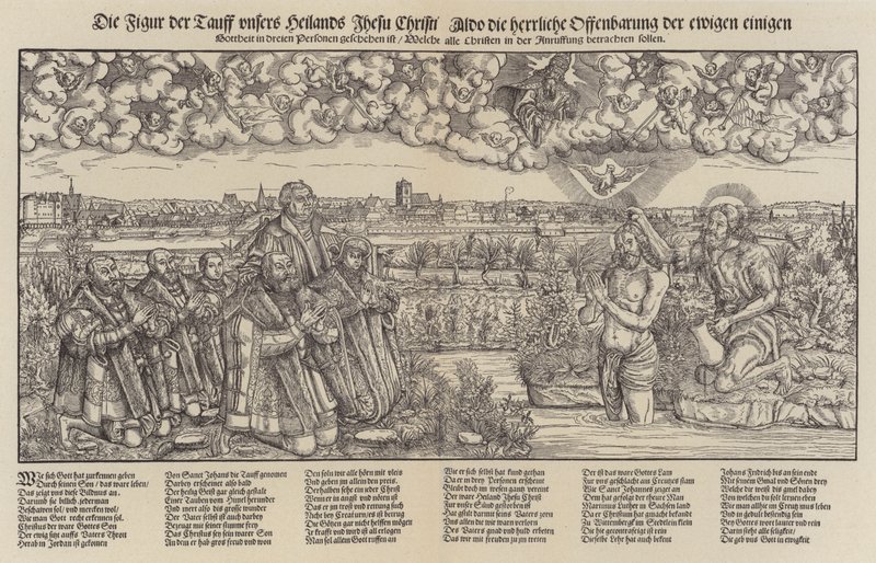 Friedrich III., Kurfürst von Sachsen und Martin Luther bei der Taufe Christi von Lucas the Elder (after) Cranach