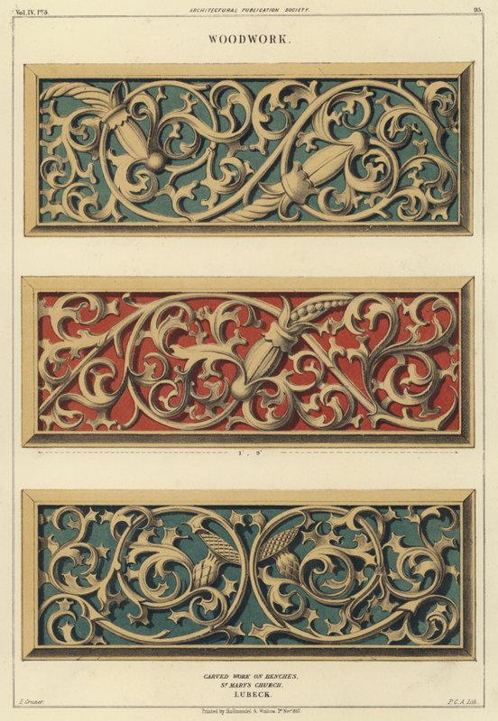 Schnitzereien auf Bänken in der Kirche St. Marien, Lübeck, Deutschland von Ludwig Gruner