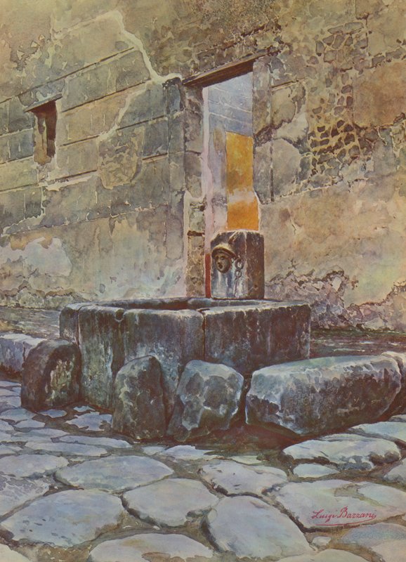 Pompeji: Via di Mercurio, Brunnen mit dem Emblem des Merkur von Luigi Bazzani
