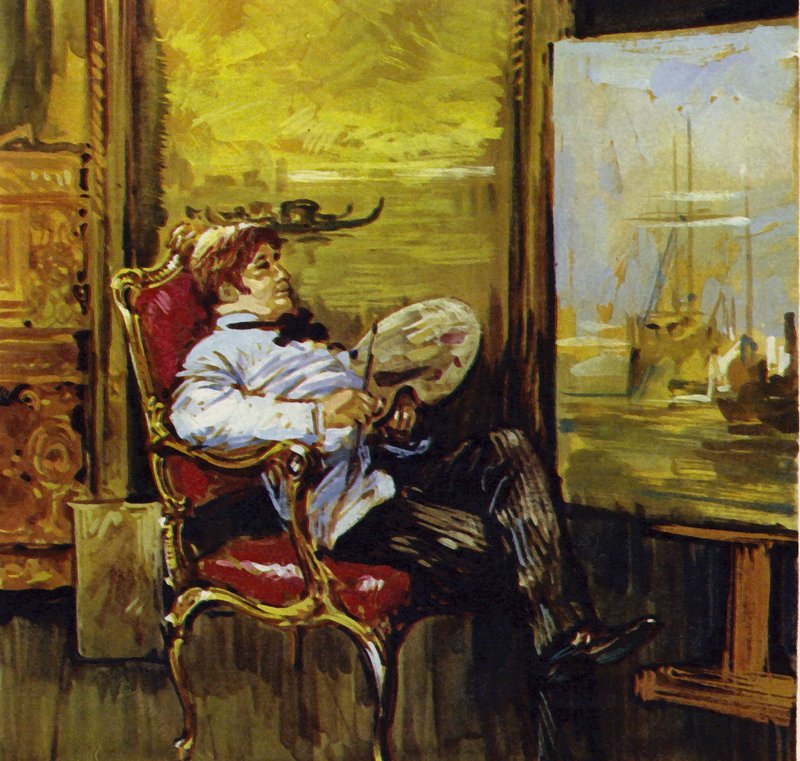 Turner sitzt vor einem seiner Gemälde von Luis Arcas Brauner