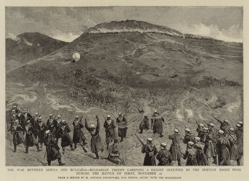 Der Krieg zwischen Serbien und Bulgarien, bulgarische Truppen erobern eine von der serbischen rechten Flanke besetzte Höhe während der Schlacht von Pirot, 27. November von Maksymiljan Antoni Piotrowski