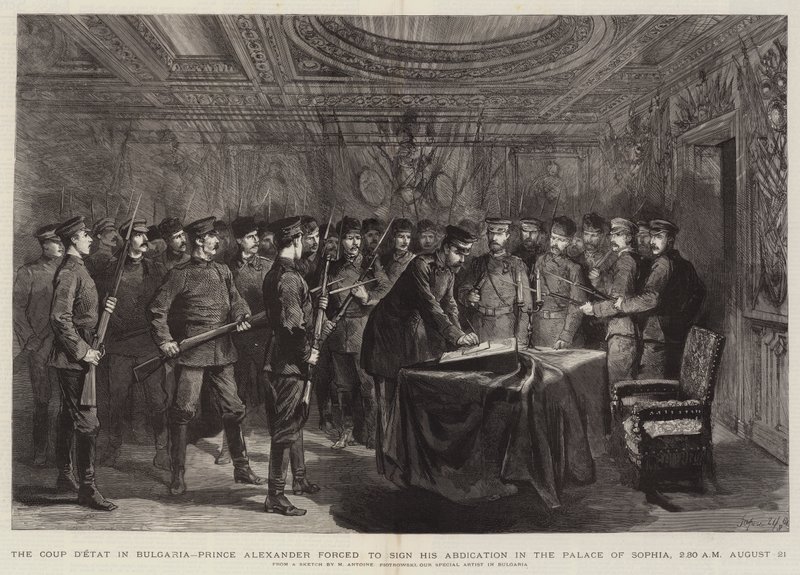 Der Staatsstreich in Bulgarien, Prinz Alexander gezwungen, seine Abdankung im Palast von Sofia zu unterzeichnen, 2:30 Uhr, 21. August von Maksymiljan Antoni Piotrowski