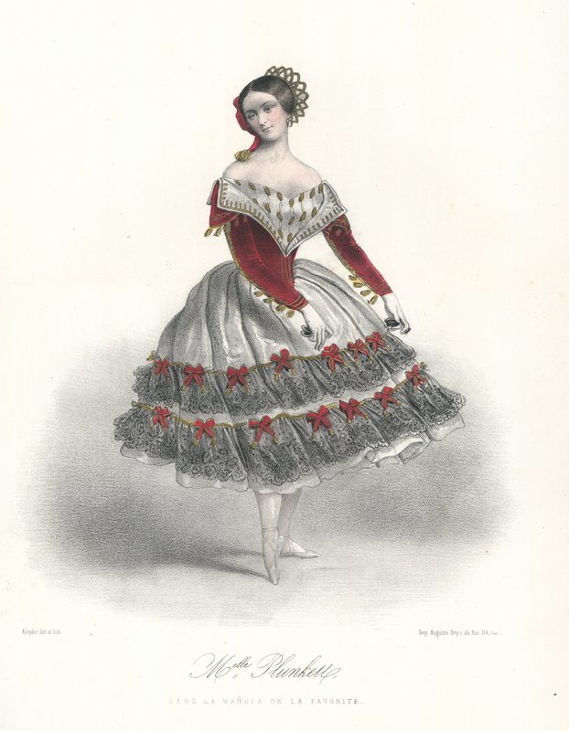 Belgische Balletttänzerin Adeline Plunkett in La Manola de la Favorite, ca. 1860 (Farblithografie) von Marie Alexandre (after) Alophe