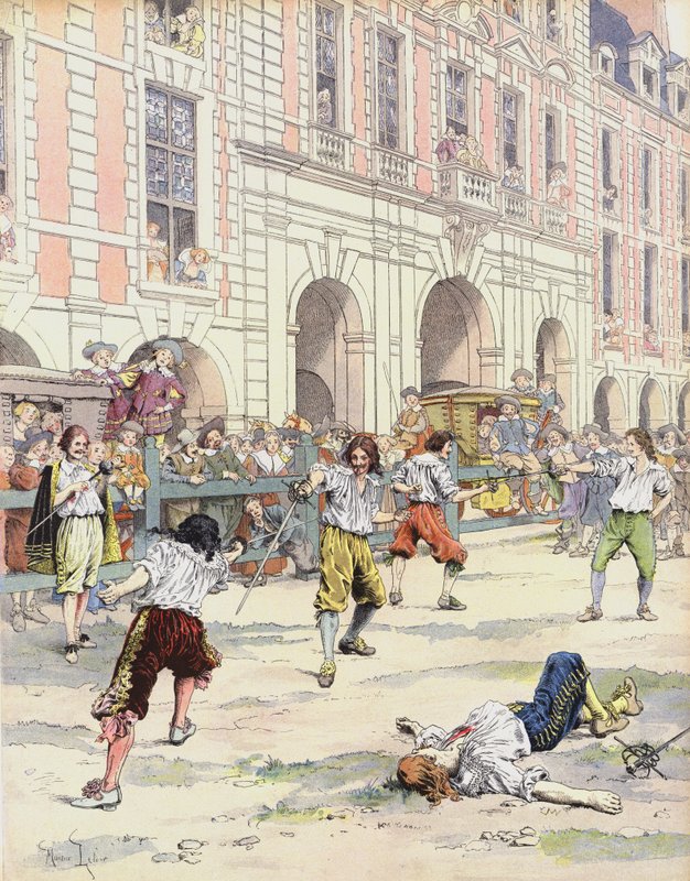 Boutteville und Beuvron fechten ein Duell auf der Place Royale von Maurice Leloir