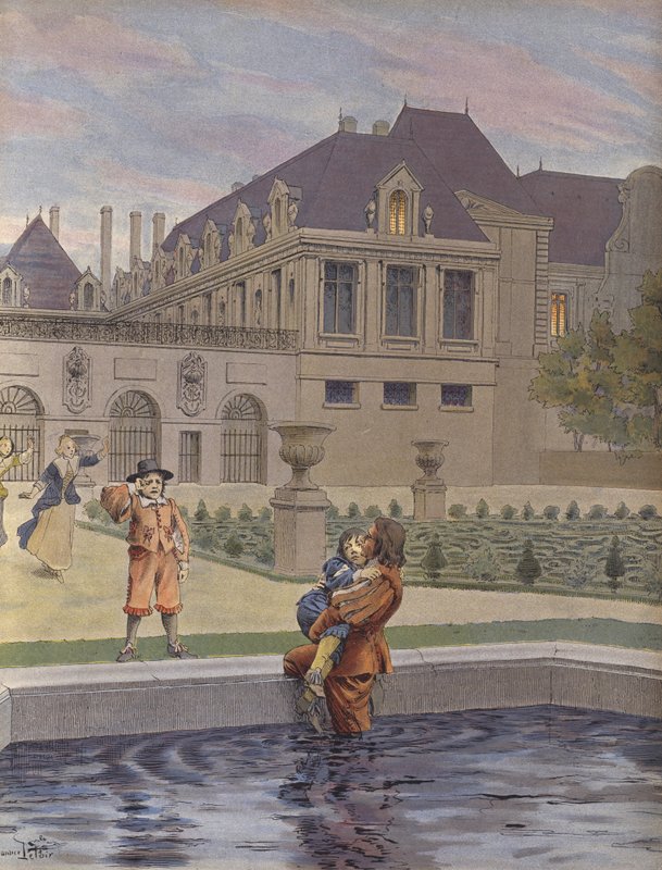 Sturz des jungen Ludwig XIV. in den Pool des Palais-Royal von Maurice Leloir