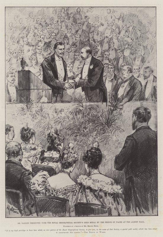 Dr. Nansen erhält die Goldmedaille der Royal Geographical Society vom Prinzen von Wales in der Albert Hall von Melton Prior