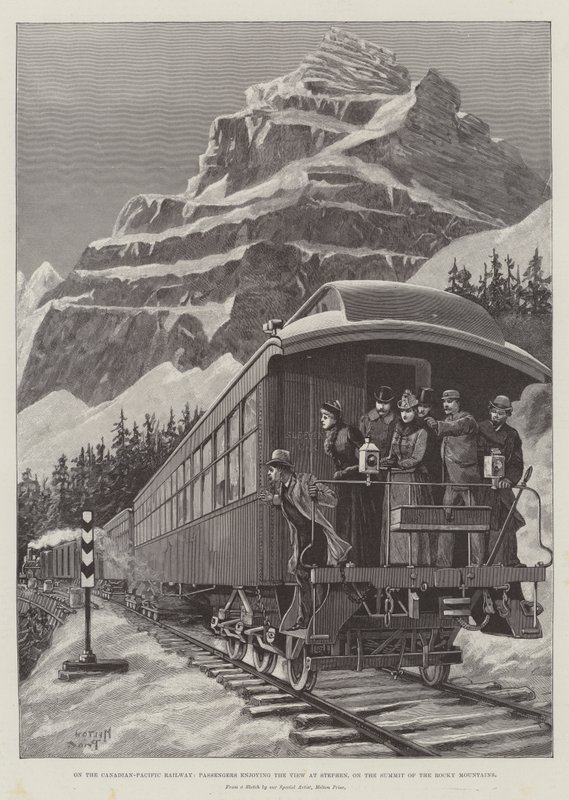 Auf der Canadian-Pacific Railway, Passagiere genießen die Aussicht in Stephen, auf dem Gipfel der Rocky Mountains von Melton Prior