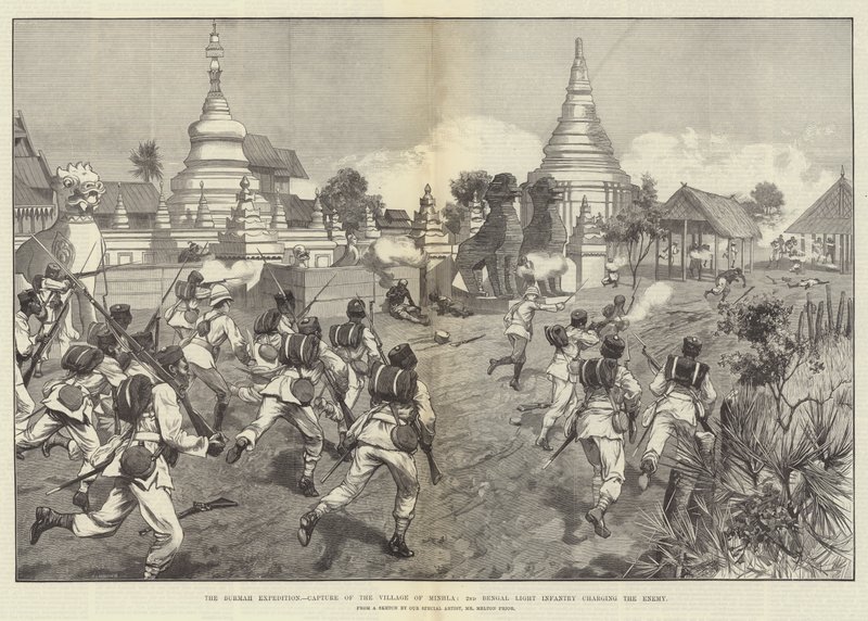 Die Burma-Expedition, Eroberung des Dorfes Minhla, 2. Bengalische Leichte Infanterie greift den Feind an von Melton Prior