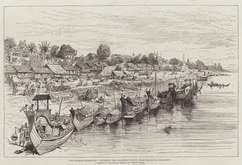 Die Burma-Expedition, Thyetmyo, die Grenzstation, vom Fluss Irrawaddy aus gesehen von Melton Prior