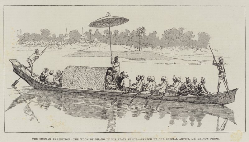 Die Burmah-Expedition, der Woon von Bhamo in seinem Staatskanu von Melton Prior