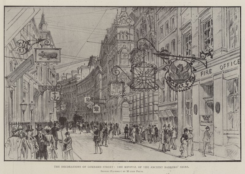 Die Dekorationen der Lombard Street, die Wiederbelebung der alten Bankierschilder von Melton Prior