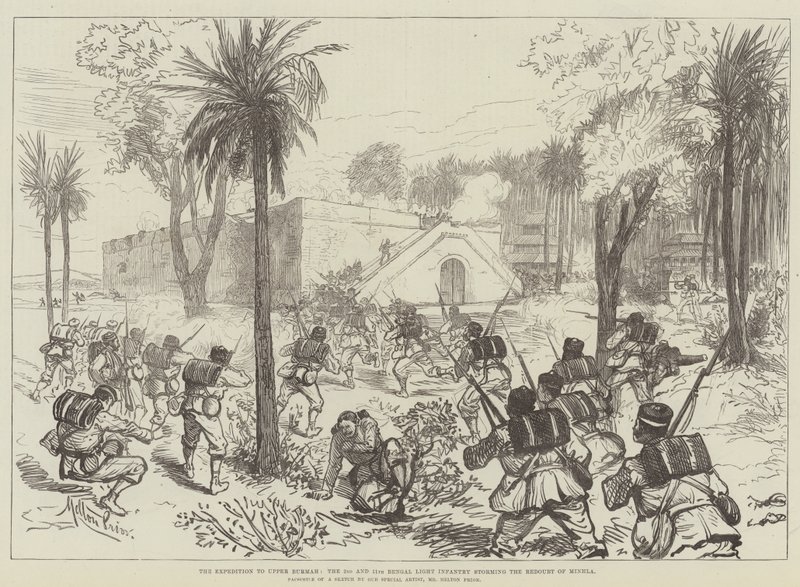 Die Expedition nach Oberburma, die 2. und 11. Bengalische Leichte Infanterie stürmen das Redoubt von Minhla von Melton Prior
