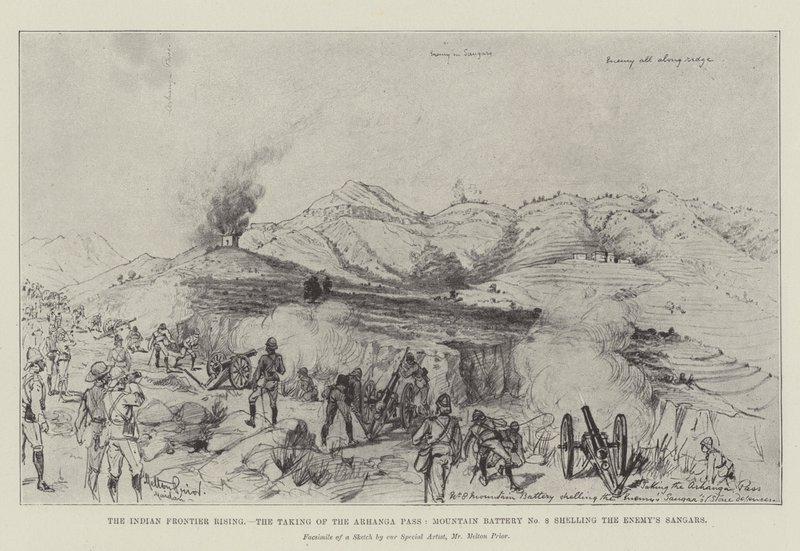 Der indische Grenzaufstand, die Einnahme des Arhanga-Passes, Gebirgsbatterie Nr. 8 beschießt die Feinde von Melton Prior