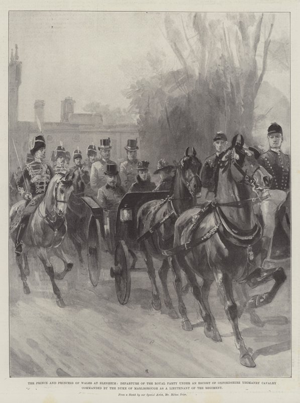 Der Prinz und die Prinzessin von Wales in Blenheim, Abfahrt der königlichen Gesellschaft unter einer Eskorte der Oxfordshire Yeomanry Kavallerie, kommandiert vom Herzog von Marlborough als Leutnant des Regiments von Melton Prior