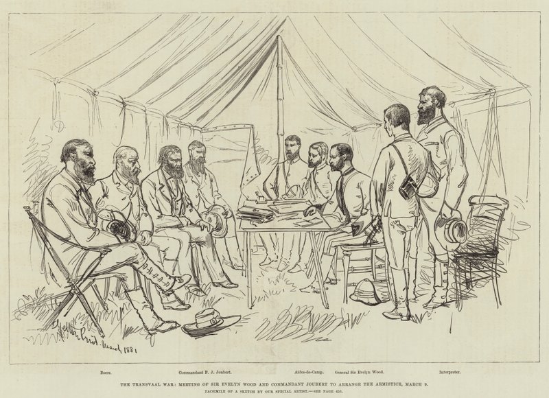 Der Transvaal-Krieg, Treffen von Sir Evelyn Wood und Kommandant Joubert zur Vereinbarung des Waffenstillstands, 9. März von Melton Prior